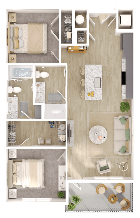 Floor plan for 2 beds, 2 baths, 955 sqft